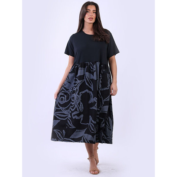 Floral Panel Cotton Dress Black