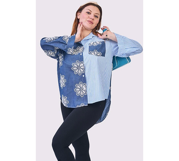 Floral Stripe High Low Shirt Blue