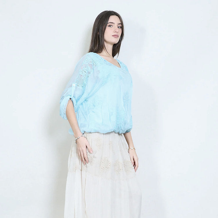 Floral Embroidery Top Blue
