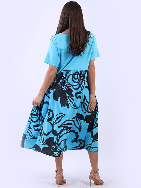 Floral Panel Cotton Dress Azure