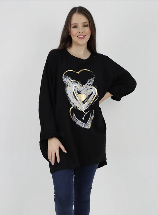 Foil Print Heart Sweatshirt Black