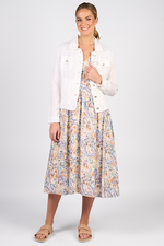 Woman wearing a white blouse and floral skirt on a white background
Frayed Linen Jacket White