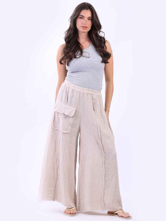 Frayed Edge Linen Pants Beige