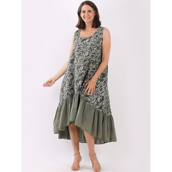 Italian Floral Linen Dress Khaki