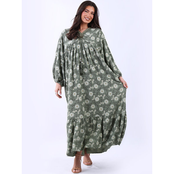 Italian Floral Maxi Dress Khaki