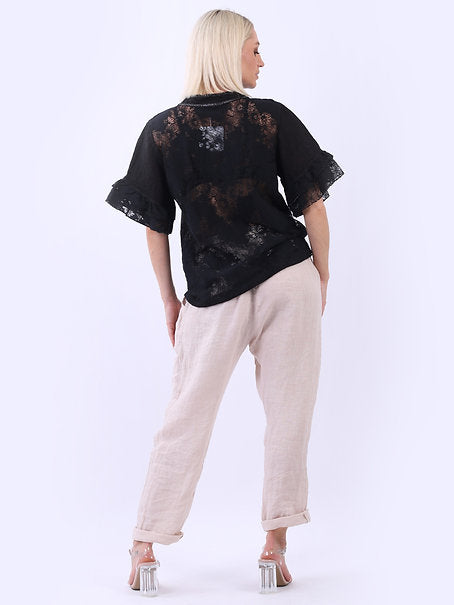 Italian Linen Bell Sleeve Top Black