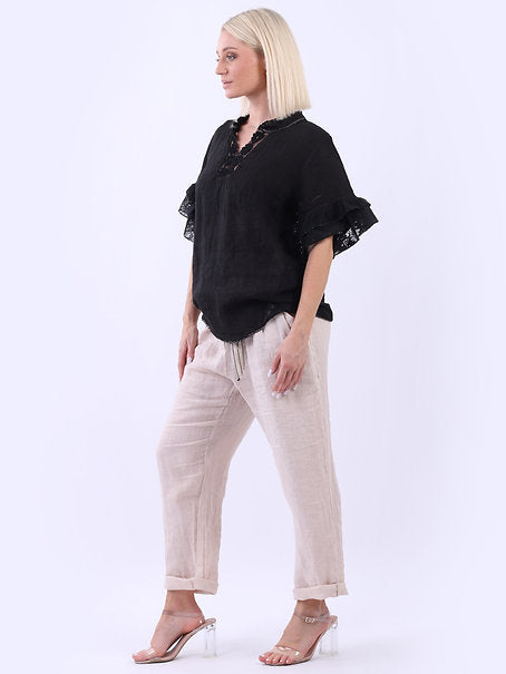 Italian Linen Bell Sleeve Top Black