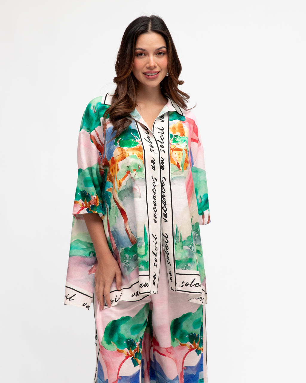 3/4 Sleeve Tropical Print Shirt Pink