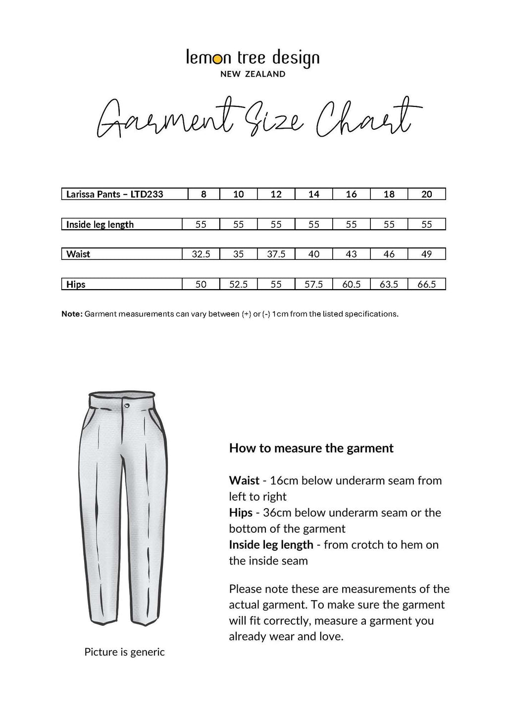 Garment size chart for Larissa Pants with measurements and a diagram of the pants.