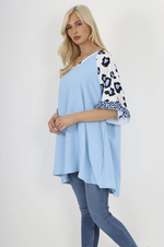 Leopard Sleeve Swing Top Ice Blue