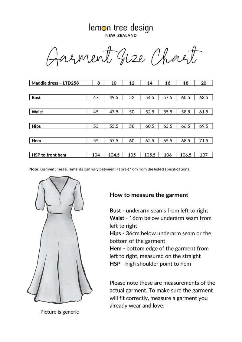 Garment size chart for a dress with measurements and instructions on how to measure the garment, branded 'lemon tree design New Zealand'.