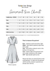 Garment size chart for a dress with measurements and a sample dress illustration, branded 'lemon tree design New Zealand'.