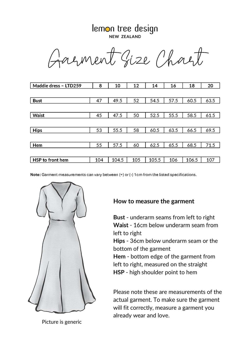 Garment size chart for a dress with measurements and a sample dress illustration, branded 'lemon tree design New Zealand'.