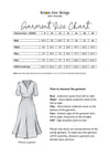 Garment size chart for a dress with measurements and instructions on how to measure the garment.