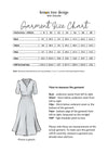 Garment size chart for a dress with measurements and a diagram of the dress. Marta Floral Dress Black/White