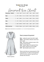 Garment size chart for a dress with measurements and a diagram of the dress. Marta Floral Dress Black/White