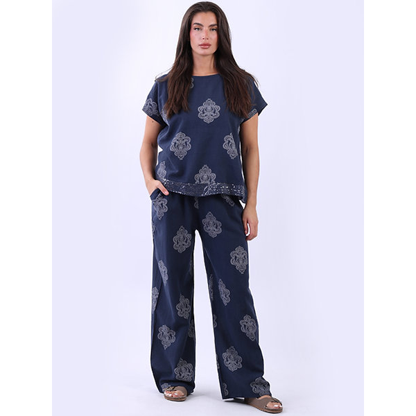 Medallion Linen Top Navy