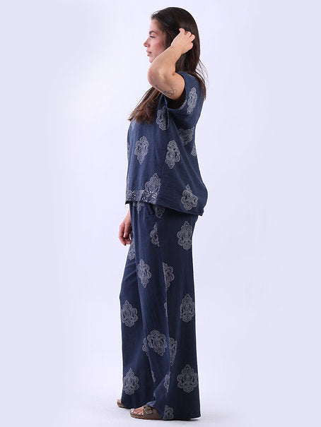 Medallion Linen Top Navy