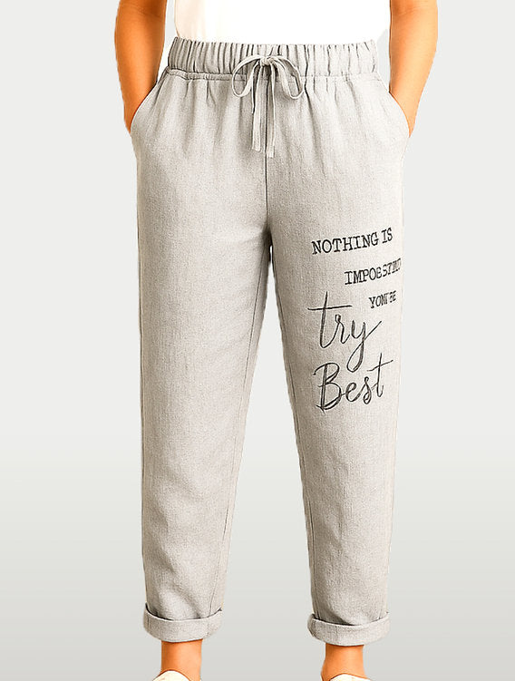 Metallic Word Linen Pants Grey