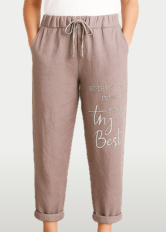 Metallic Word Linen Pants Taupe