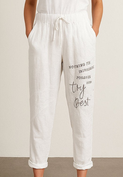 Metallic Word Linen Pants White