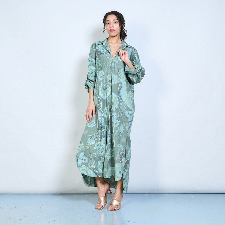 Paisley Button Down Dress Khaki