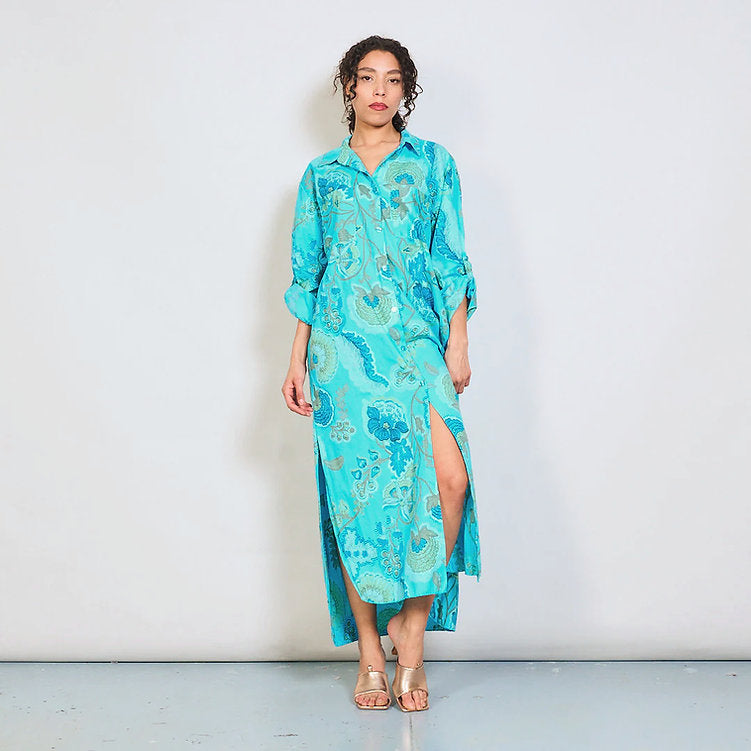 Paisley Button Down Dress Turquoise