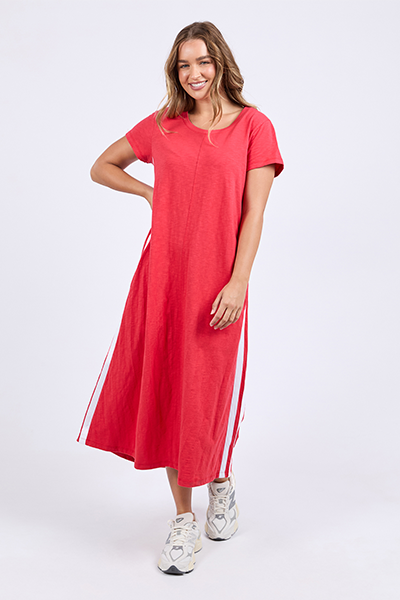 Woman wearing a red dress with white stripes on a white background
Recovery Dress Red