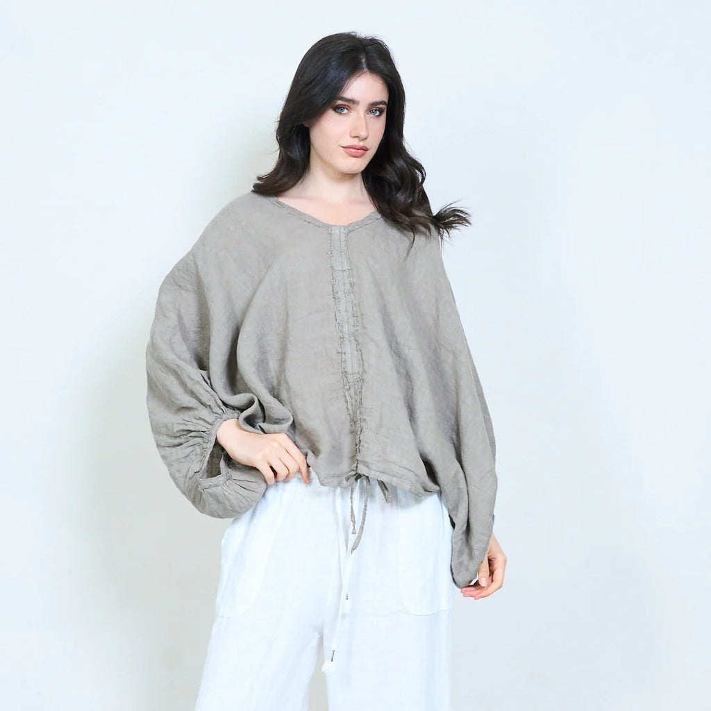 Ruched Panel Linen Top Taupe