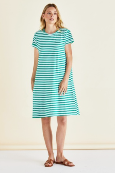 Woman wearing a green and white striped dress against a plain background
Rue Dress Green Stripe