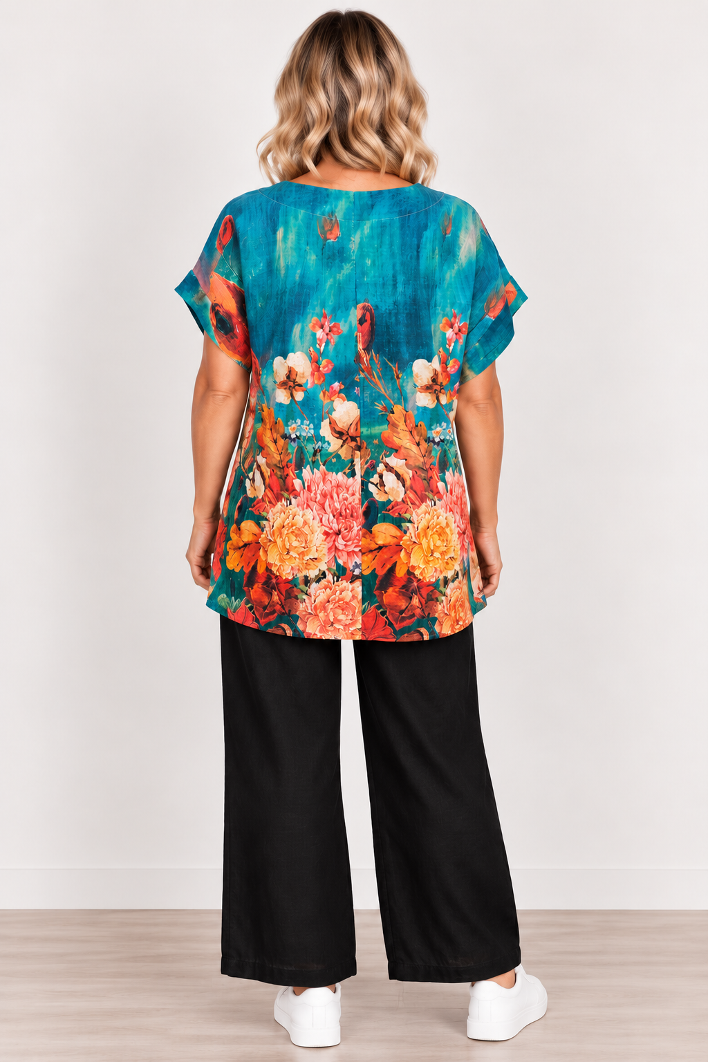 S/S V-Neck Top Teal Floral