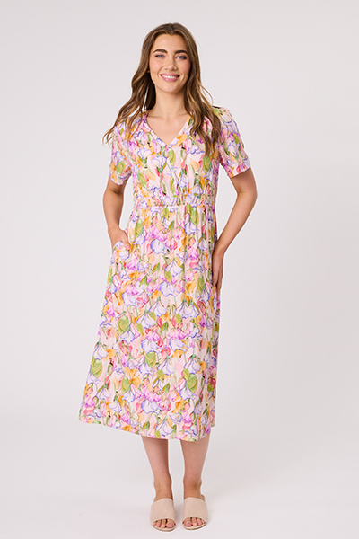 Woman wearing a floral dress on a white background Sadie Shirred Waist Dress Multi