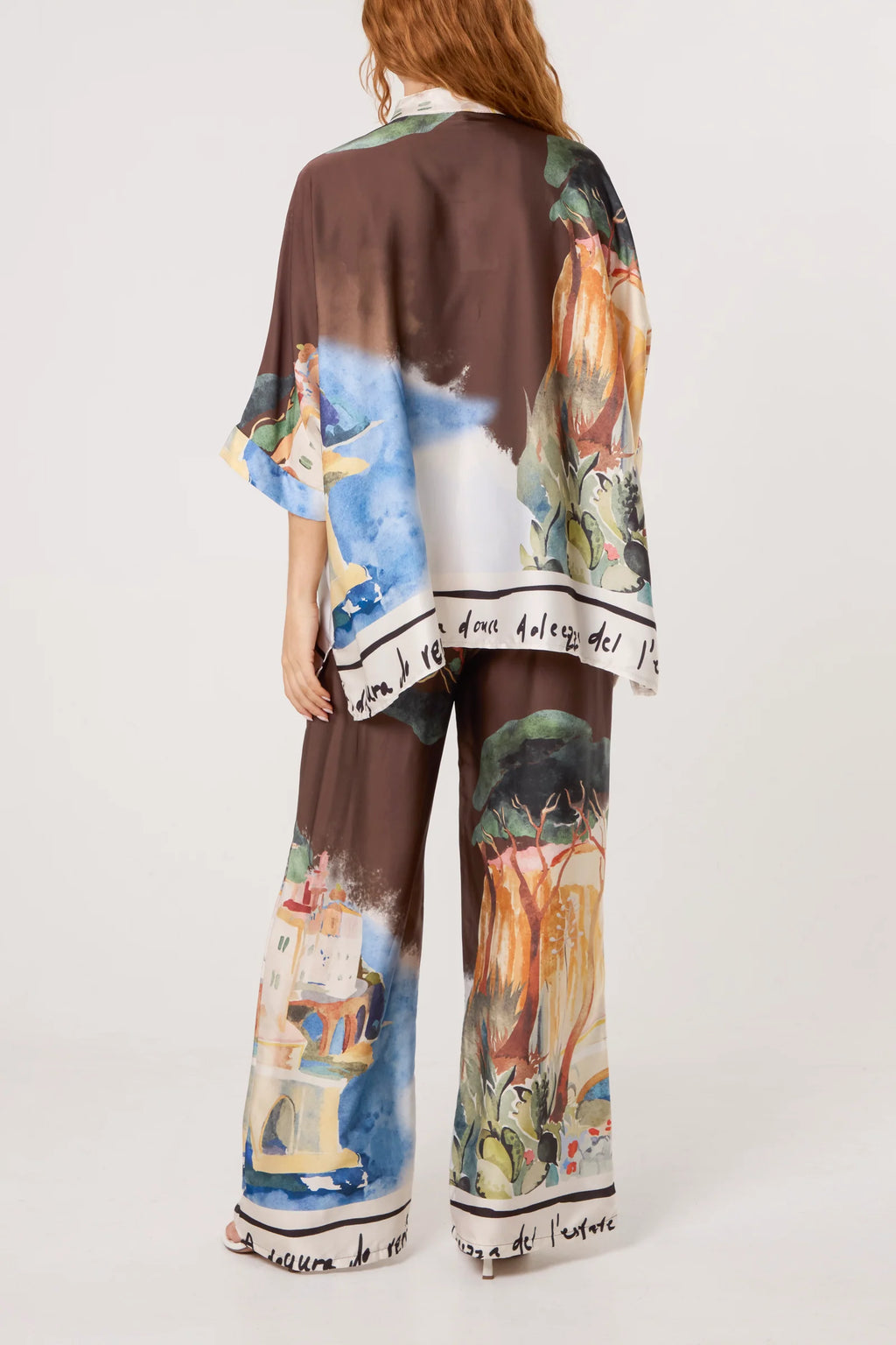 Satin Village Print Shirt Brown