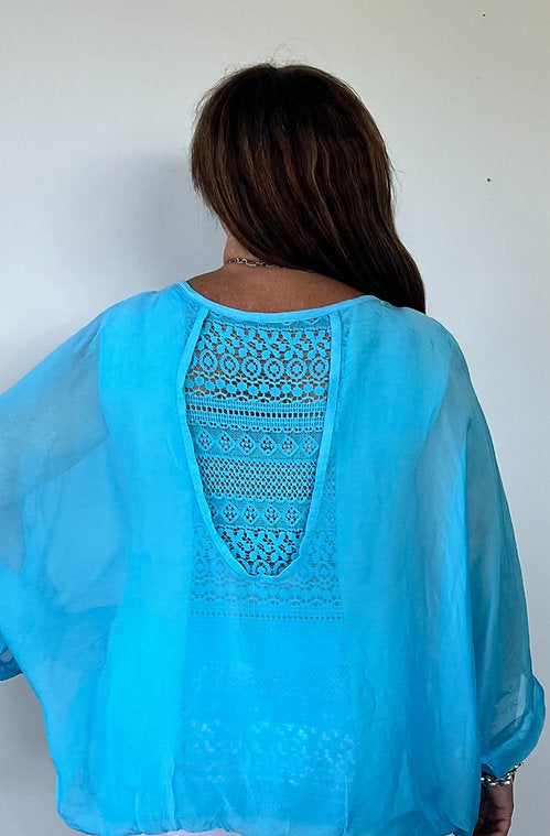 Silk Top with Lace back underlay Turquoise