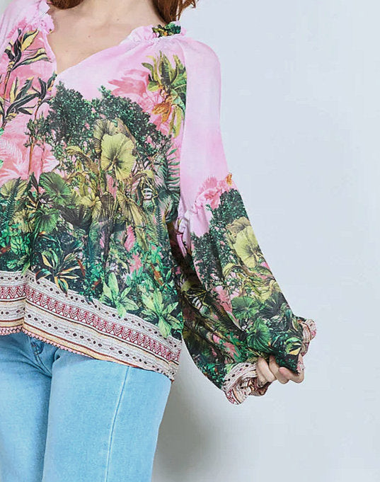 Silk Viscose Forest Print Top Pink