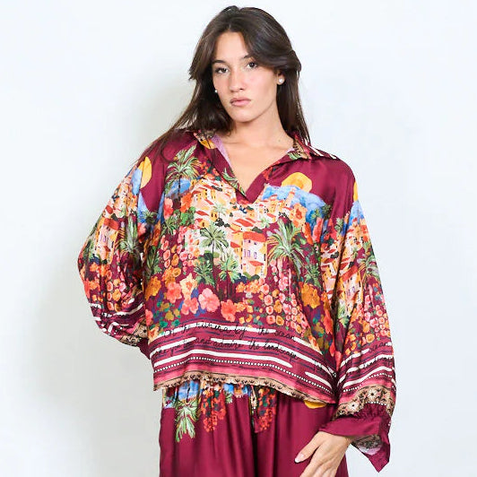 Silk/Viscose Shirt Village Scene Burgandy