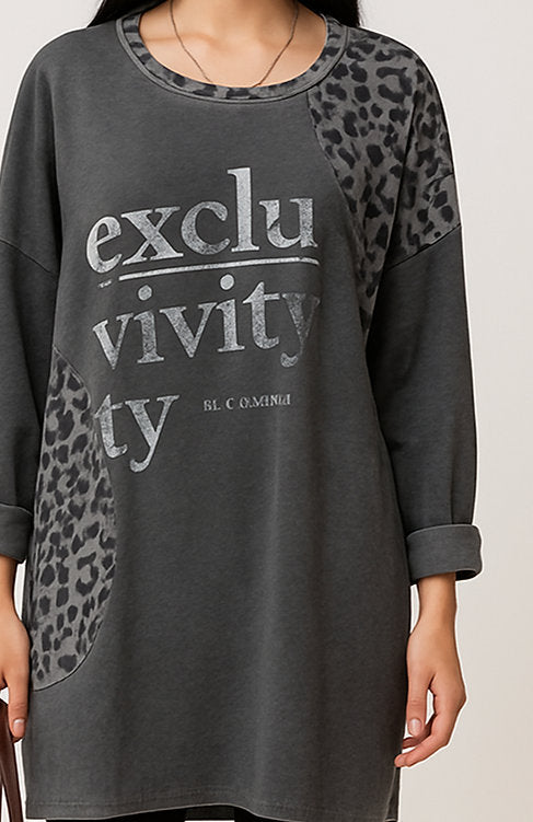 Suede Leopard Print Sweatshirt Charcoal