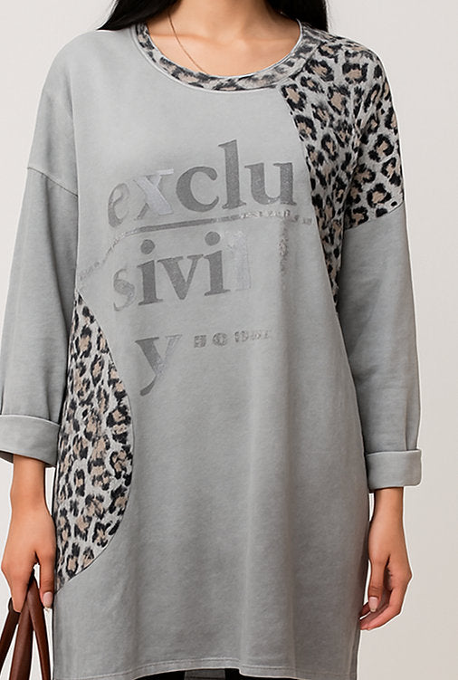 Suede Leopard Print Sweatshirt Light Grey