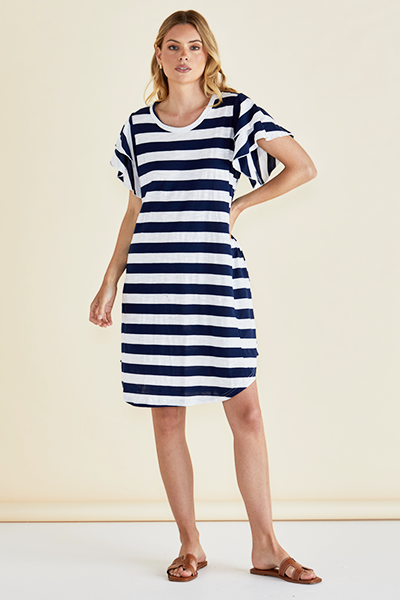 Woman wearing a navy and white striped dress on a plain background
Sydney Tee Dress Blue Stripe
