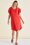 Woman wearing a red dress with ruffled sleeves against a beige background
Sydney Tee Dress Red