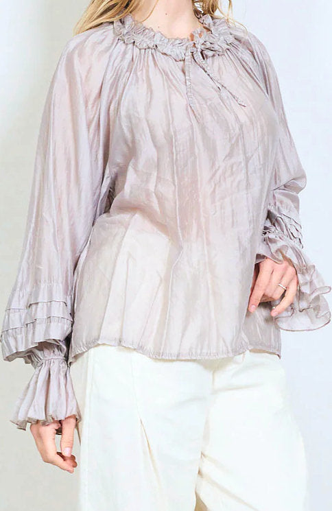 Tencel/Silk Pleat Sleeve Top Taupe