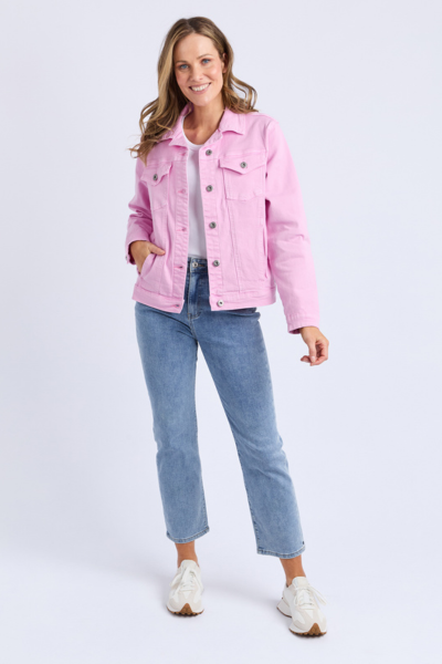 Woman wearing a pink denim jacket and blue jeans on a white background
Tilly Denim Jacket Dusk Pink