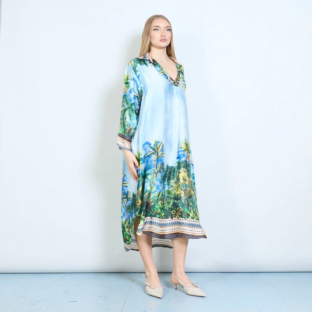 V Neck Tropical Print Boho Dress Blue