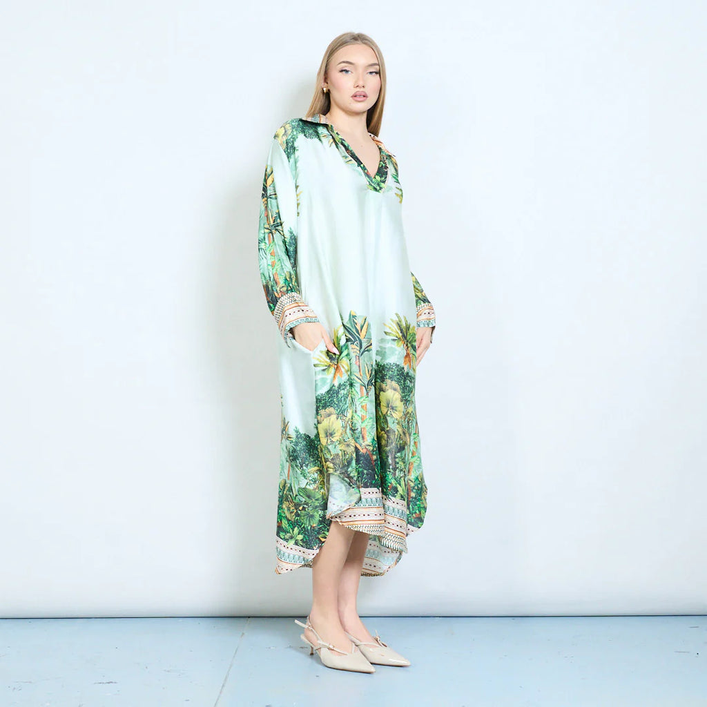 V Neck Tropical Print Boho Dress Green
