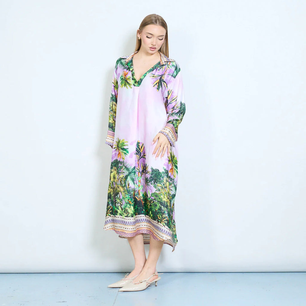 V Neck Tropical Print Boho Dress Pink