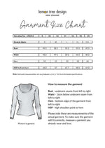 Garment size chart for a Valentina Tee by Lemon Tree Design with measurements and how to measure the garment.