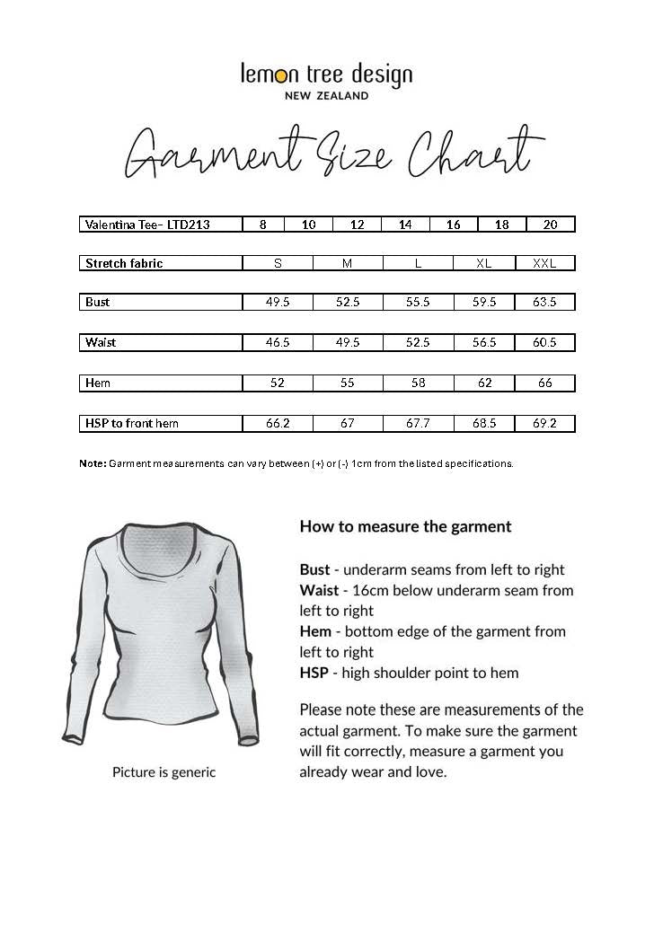 Garment size chart for a Valentina Tee by Lemon Tree Design with measurements and how to measure the garment.