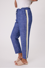 Blue pants with a white stripe on a white background Venice Linen Pant Denim
