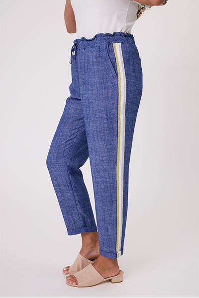 Blue pants with a white stripe on a white background Venice Linen Pant Denim