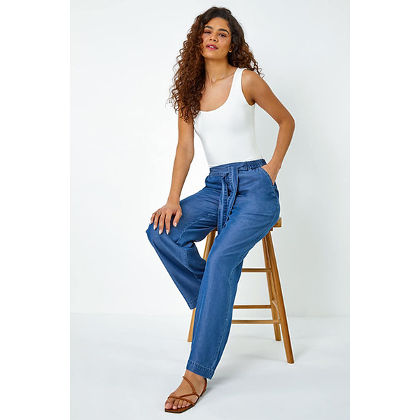 Wide Leg Pants w/ Tie Belt Dark Denim
